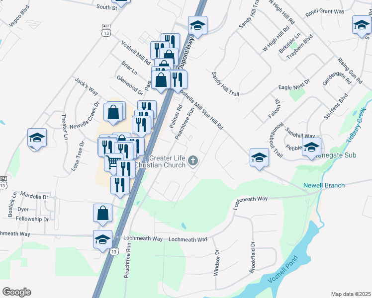 map of restaurants, bars, coffee shops, grocery stores, and more near 115 Vanessa Drive in Dover