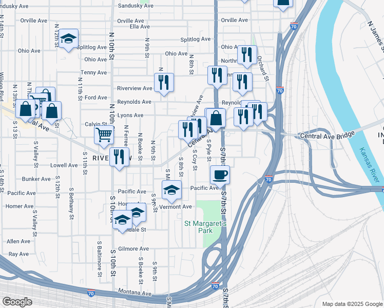 map of restaurants, bars, coffee shops, grocery stores, and more near 36 South Coy Street in Kansas City