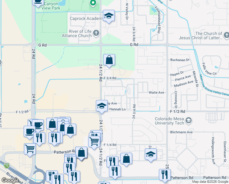 map of restaurants, bars, coffee shops, grocery stores, and more near 667 Alexia Court in Grand Junction