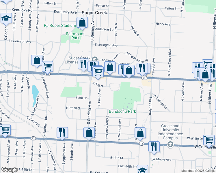 map of restaurants, bars, coffee shops, grocery stores, and more near 642 Sundown Drive in Independence