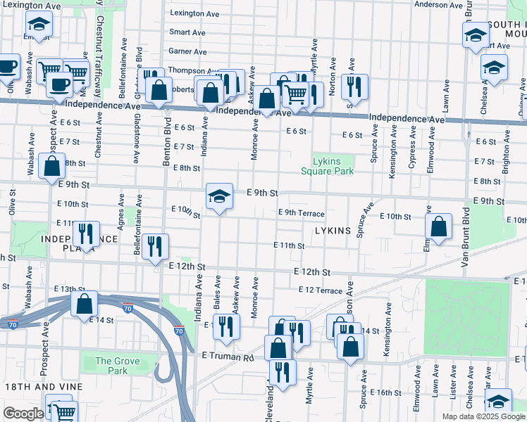 map of restaurants, bars, coffee shops, grocery stores, and more near 1008 Monroe Avenue in Kansas City