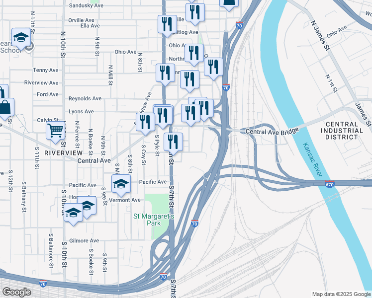 map of restaurants, bars, coffee shops, grocery stores, and more near 569 Lowell Avenue in Kansas City