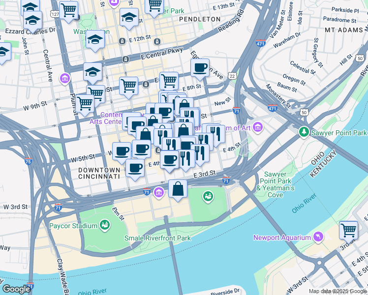 map of restaurants, bars, coffee shops, grocery stores, and more near 201 East 5th Street in Cincinnati