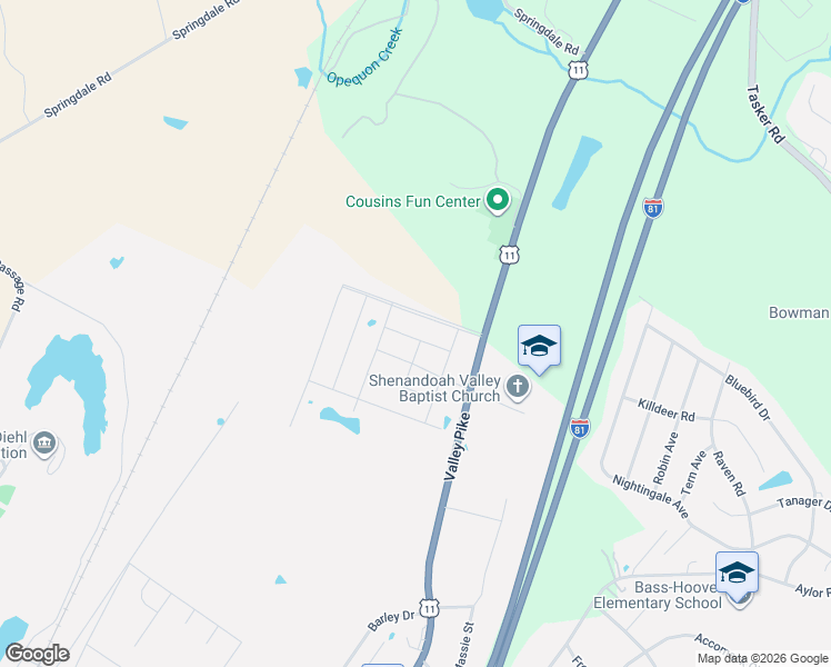 map of restaurants, bars, coffee shops, grocery stores, and more near 9112 Lane Street in Stephens City
