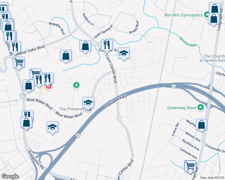 map of restaurants, bars, coffee shops, grocery stores, and more near 1950 Palonia Court in Odenton
