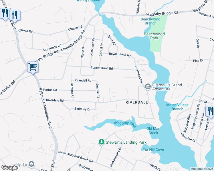 map of restaurants, bars, coffee shops, grocery stores, and more near 260 Pumpkin Court in Severna Park