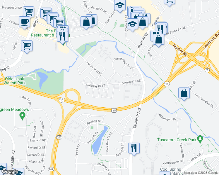 map of restaurants, bars, coffee shops, grocery stores, and more near 805 Vanderbilt Terrace Southeast in Leesburg