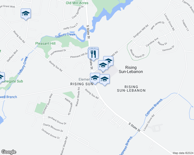 map of restaurants, bars, coffee shops, grocery stores, and more near in Rising Sun-Lebanon