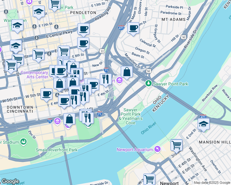map of restaurants, bars, coffee shops, grocery stores, and more near 311 Pike Street in Cincinnati