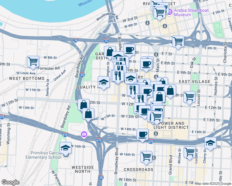 map of restaurants, bars, coffee shops, grocery stores, and more near 1112 Broadway Boulevard in Kansas City