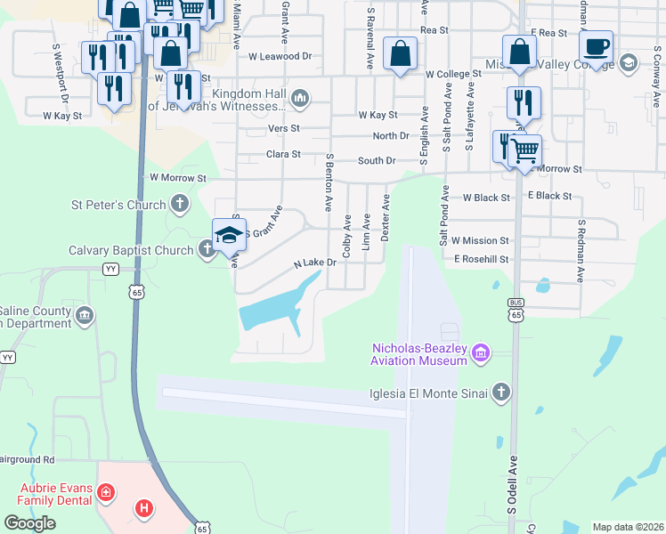 map of restaurants, bars, coffee shops, grocery stores, and more near 1715 South Benton Avenue in Marshall