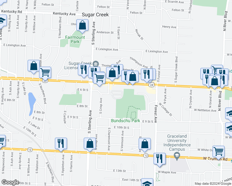 map of restaurants, bars, coffee shops, grocery stores, and more near 425 Sundown Drive in Independence