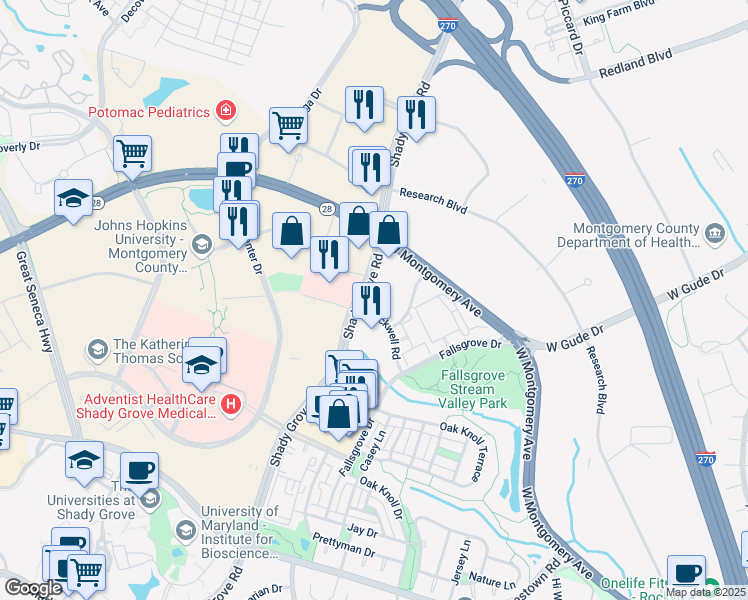 map of restaurants, bars, coffee shops, grocery stores, and more near 14995 Shady Grove Road in Rockville