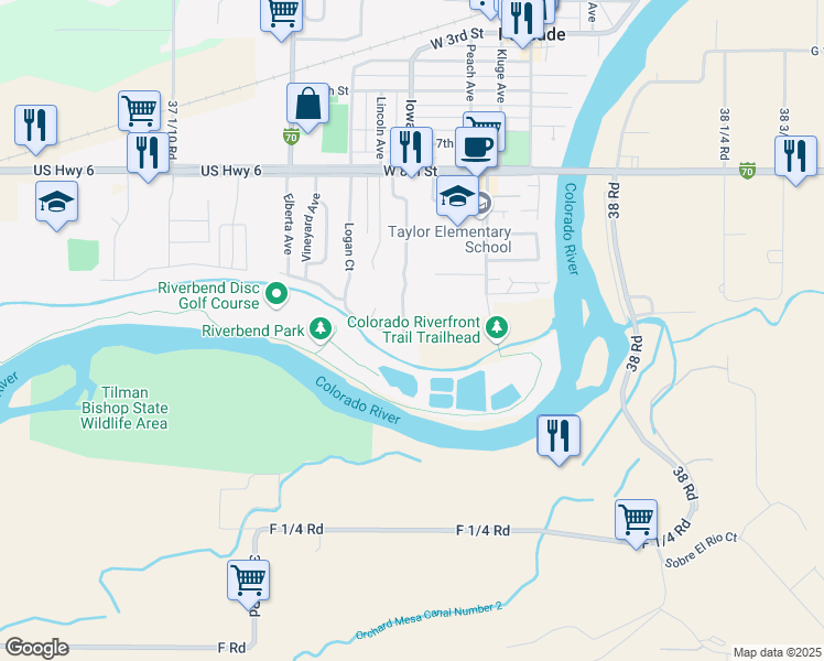 map of restaurants, bars, coffee shops, grocery stores, and more near 951 Iowa Avenue in Palisade