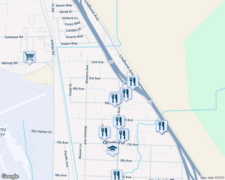 map of restaurants, bars, coffee shops, grocery stores, and more near 5086 Chestnut Road in Olivehurst