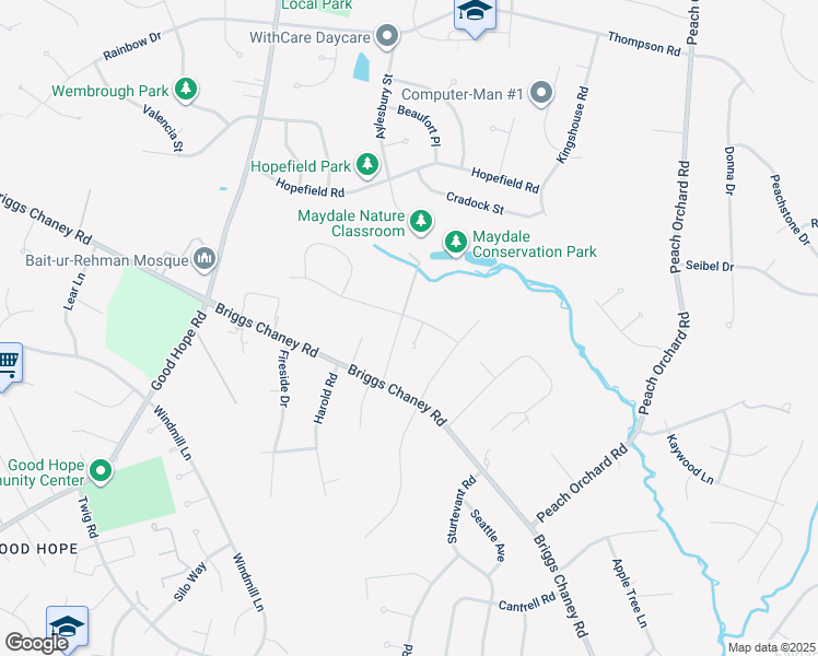 map of restaurants, bars, coffee shops, grocery stores, and more near 1701 Maydale Drive in Silver Spring