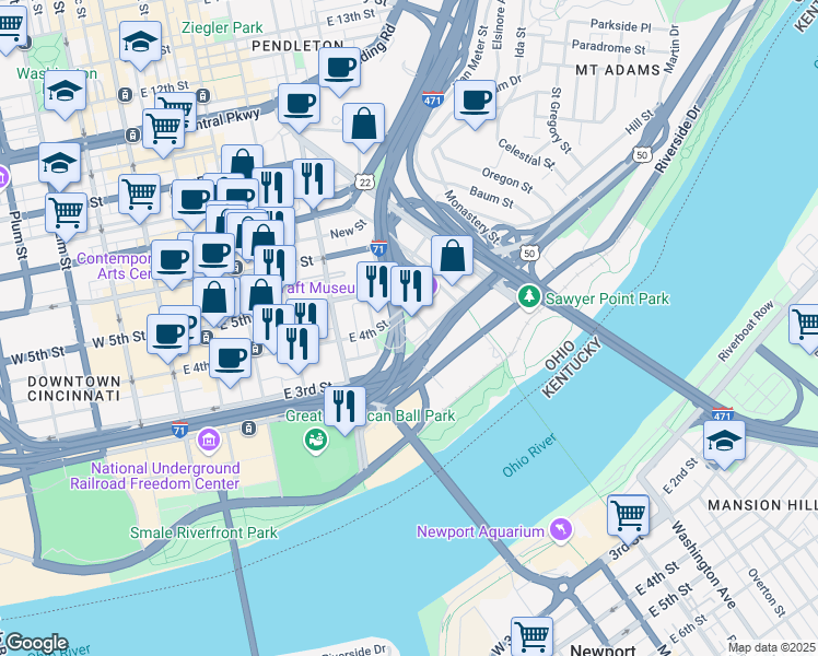 map of restaurants, bars, coffee shops, grocery stores, and more near 526 East 4th Street in Cincinnati