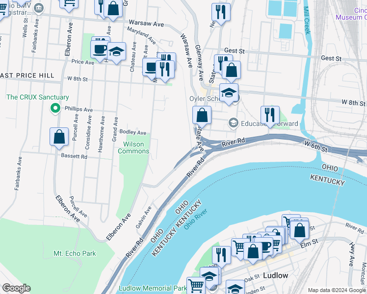 map of restaurants, bars, coffee shops, grocery stores, and more near 2325 Maryland Avenue in Cincinnati