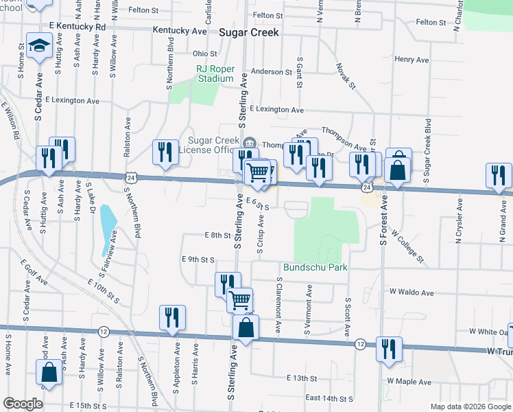 map of restaurants, bars, coffee shops, grocery stores, and more near 11207 U.S. 24 in Sugar Creek