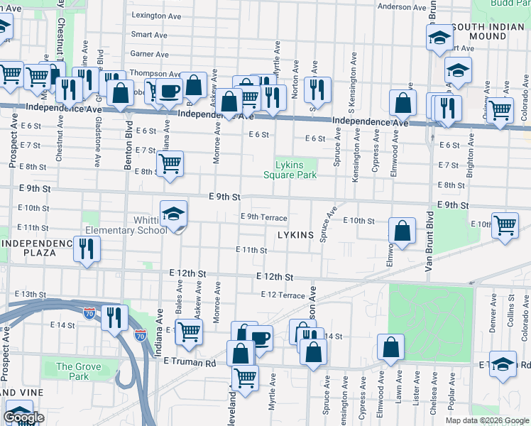 map of restaurants, bars, coffee shops, grocery stores, and more near 3829 East 9th Street in Kansas City