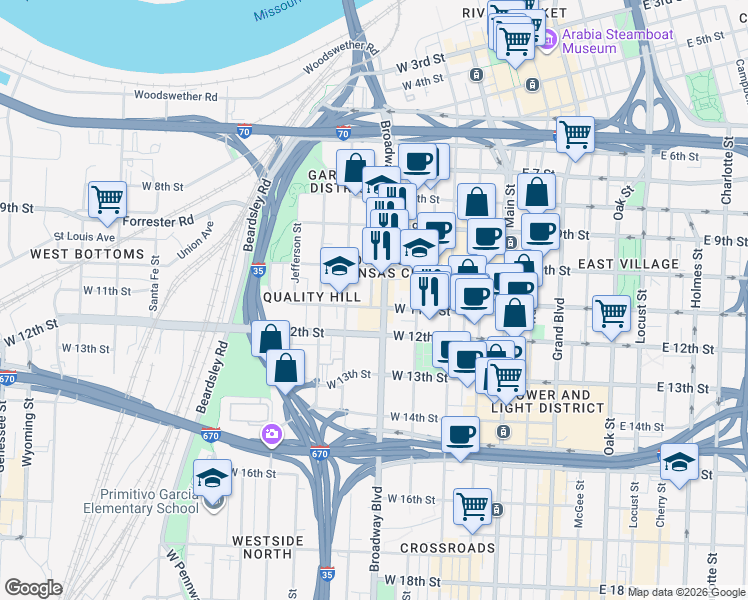 map of restaurants, bars, coffee shops, grocery stores, and more near 1010 Broadway Boulevard in Kansas City