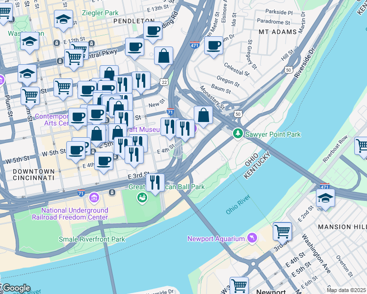 map of restaurants, bars, coffee shops, grocery stores, and more near 311 Pike Street in Cincinnati