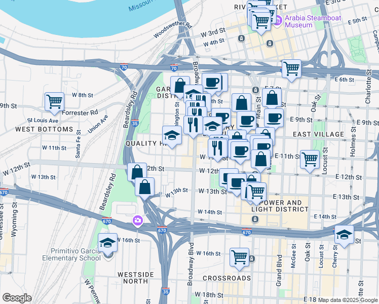 map of restaurants, bars, coffee shops, grocery stores, and more near 1010 Broadway Boulevard in Kansas City
