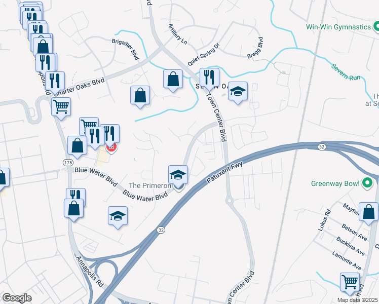 map of restaurants, bars, coffee shops, grocery stores, and more near Blue Water Boulevard in Odenton