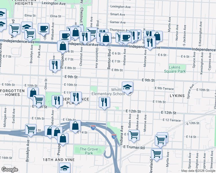 map of restaurants, bars, coffee shops, grocery stores, and more near Benton Blvd & E 10th St in Kansas City