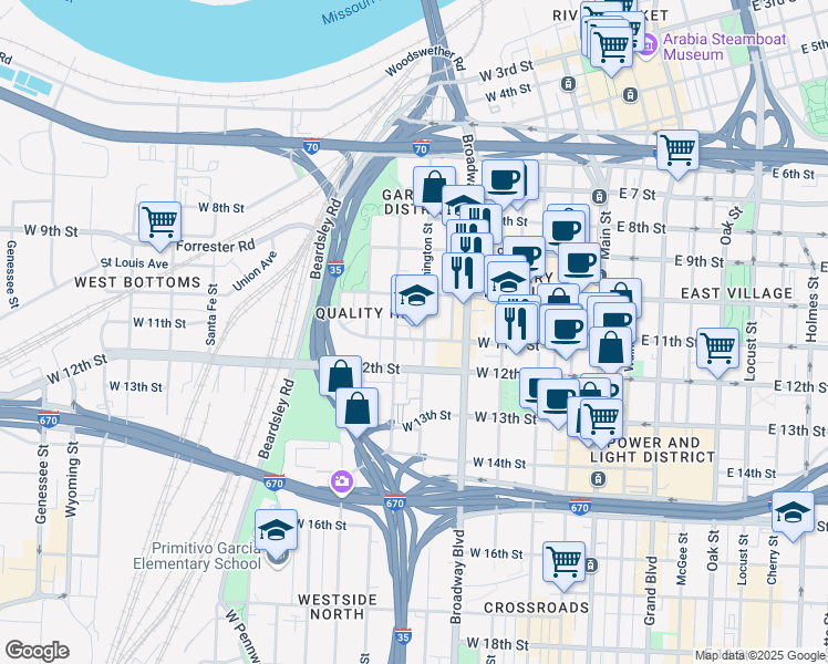 map of restaurants, bars, coffee shops, grocery stores, and more near 1080 Washington Street in Kansas City