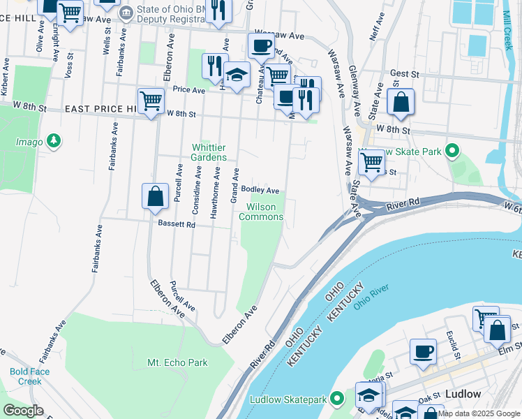 map of restaurants, bars, coffee shops, grocery stores, and more near 2951 Bodley Avenue in Cincinnati
