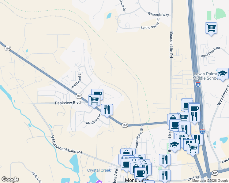 map of restaurants, bars, coffee shops, grocery stores, and more near 861 Circle Road in Palmer Lake