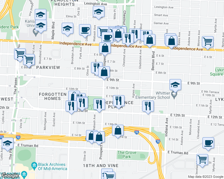 map of restaurants, bars, coffee shops, grocery stores, and more near 2625 East 10th Street in Kansas City