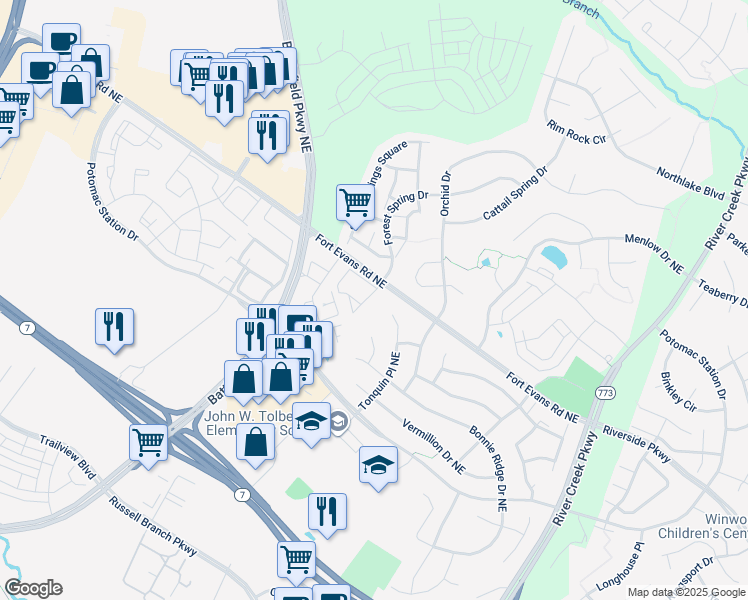 map of restaurants, bars, coffee shops, grocery stores, and more near 654 Fort Evans Road Northeast in Leesburg