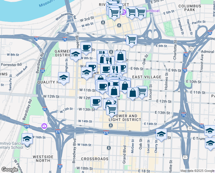 map of restaurants, bars, coffee shops, grocery stores, and more near 21 West 10th Street in Kansas City