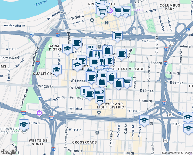 map of restaurants, bars, coffee shops, grocery stores, and more near 21 West 10th Street in Kansas City