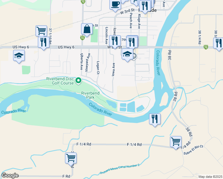 map of restaurants, bars, coffee shops, grocery stores, and more near 951 Iowa Avenue in Palisade