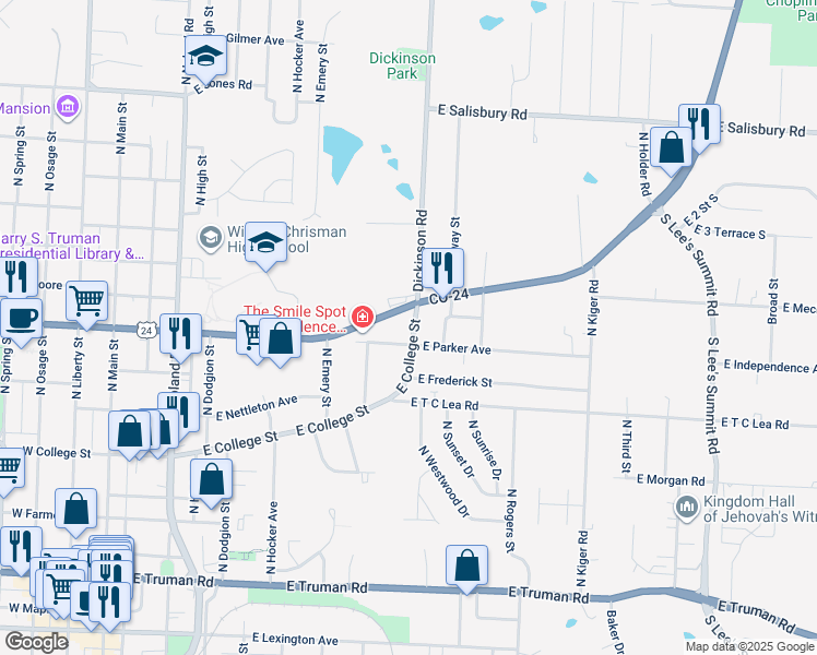 map of restaurants, bars, coffee shops, grocery stores, and more near 705 East US Highway 24 in Independence