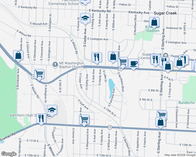 map of restaurants, bars, coffee shops, grocery stores, and more near 611 South Hardy Avenue in Independence