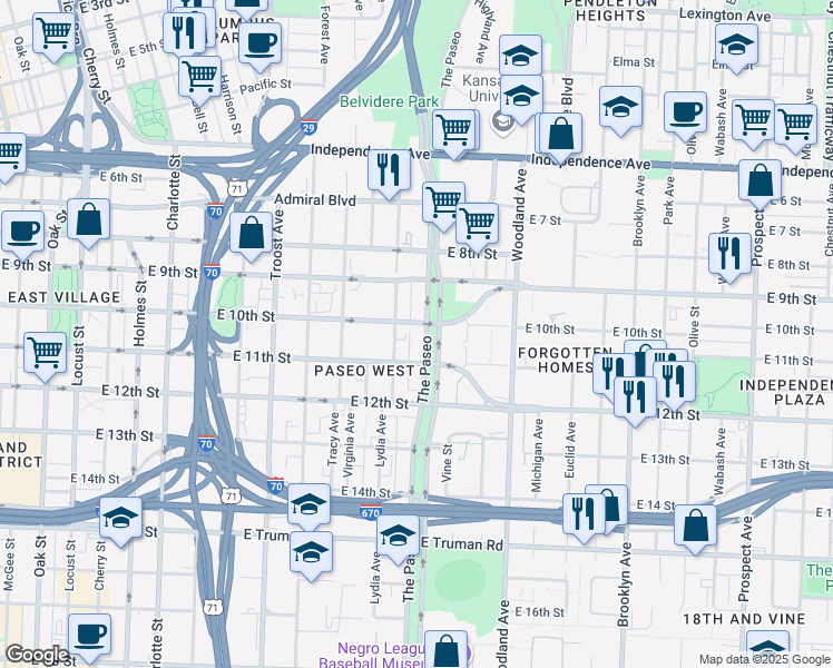 map of restaurants, bars, coffee shops, grocery stores, and more near 925 Lydia Avenue in Kansas City
