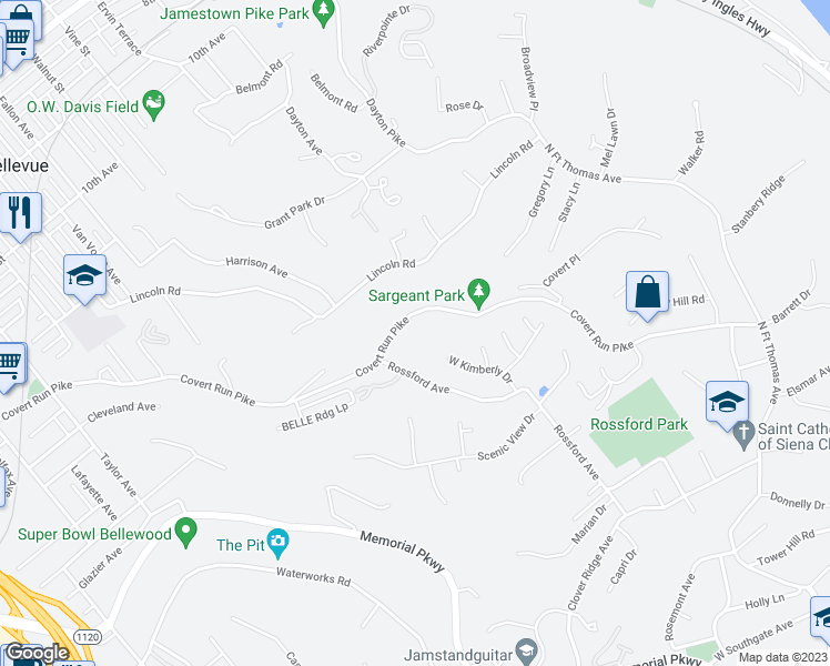 map of restaurants, bars, coffee shops, grocery stores, and more near 848 Covert Run Pike in Bellevue