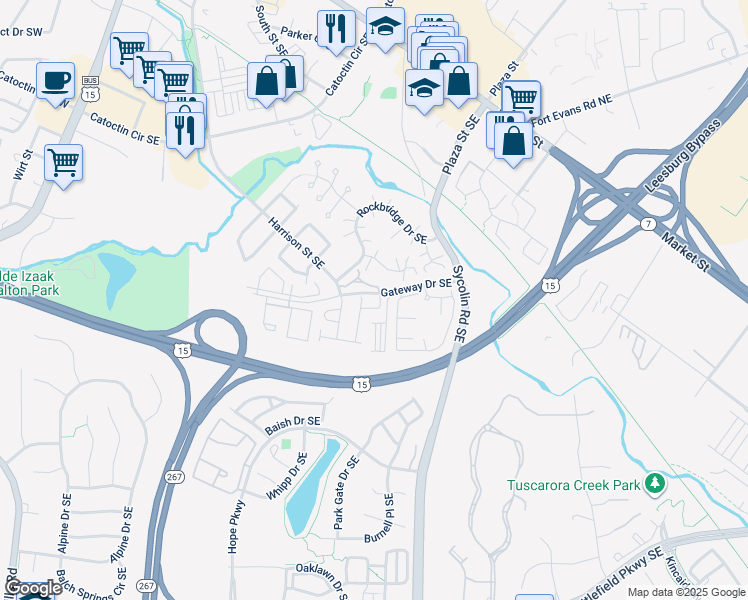 map of restaurants, bars, coffee shops, grocery stores, and more near 704 Vanderbilt Terrace Southeast in Leesburg