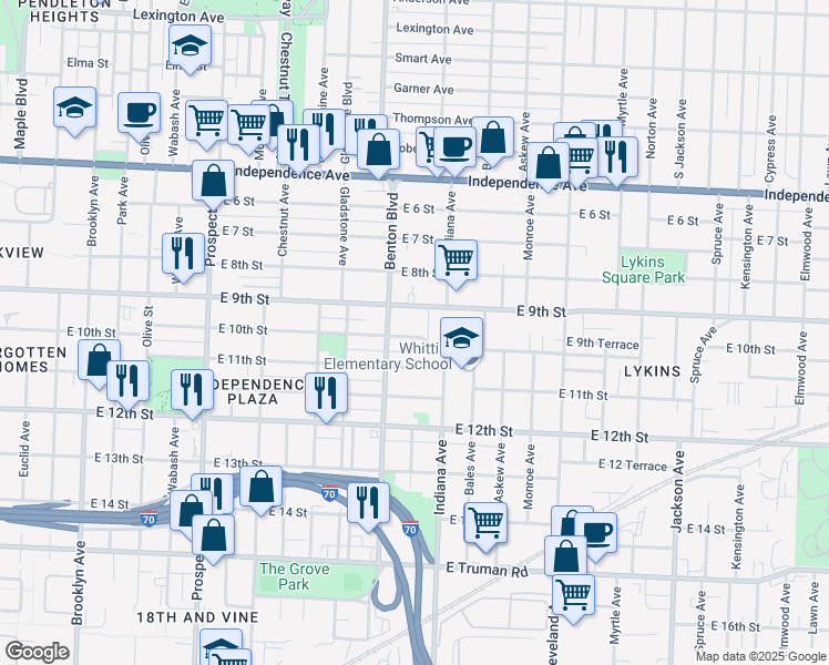 map of restaurants, bars, coffee shops, grocery stores, and more near 3218 East 10th Street in Kansas City