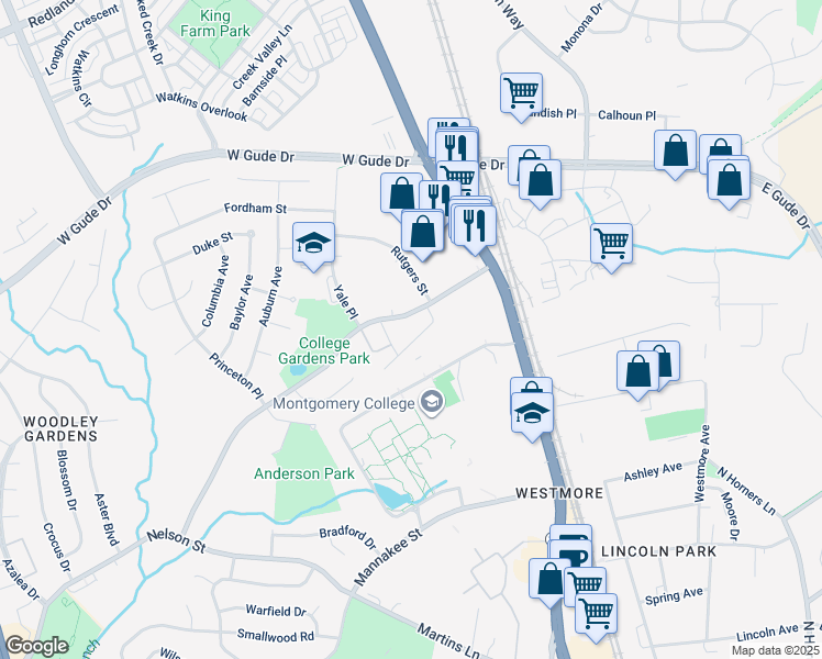 map of restaurants, bars, coffee shops, grocery stores, and more near 438 College Parkway in Rockville