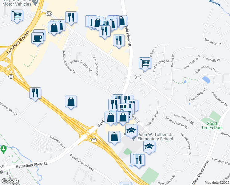 map of restaurants, bars, coffee shops, grocery stores, and more near 501 Edmonton Terrace Northeast in Leesburg
