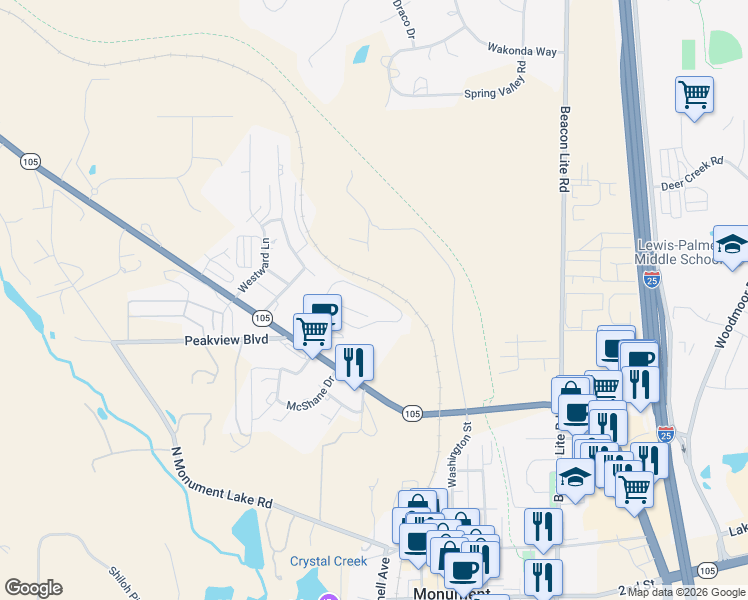 map of restaurants, bars, coffee shops, grocery stores, and more near 861 Circle Road in Palmer Lake