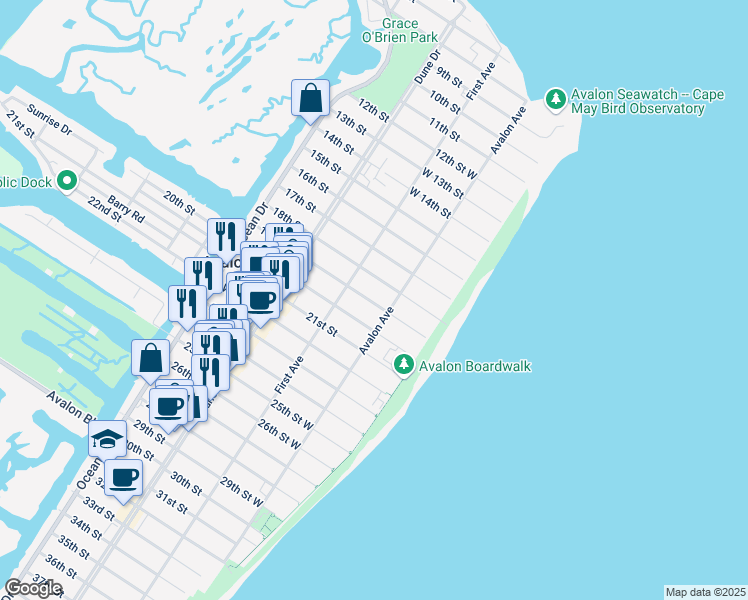 map of restaurants, bars, coffee shops, grocery stores, and more near 46 18th Street in Ocean City