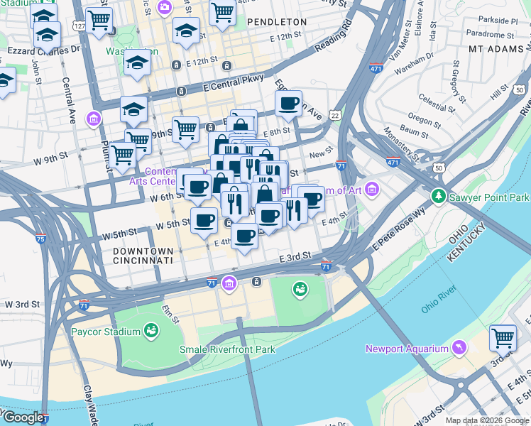map of restaurants, bars, coffee shops, grocery stores, and more near 250 East 5th Street in Cincinnati