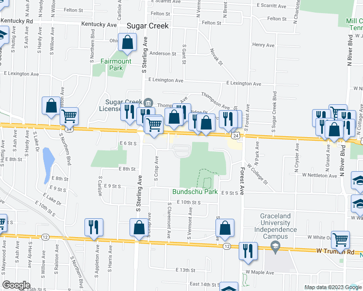 map of restaurants, bars, coffee shops, grocery stores, and more near 226 Sundown Drive in Independence