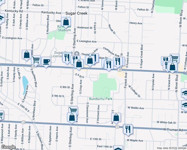 map of restaurants, bars, coffee shops, grocery stores, and more near 413 Sundown Drive in Independence